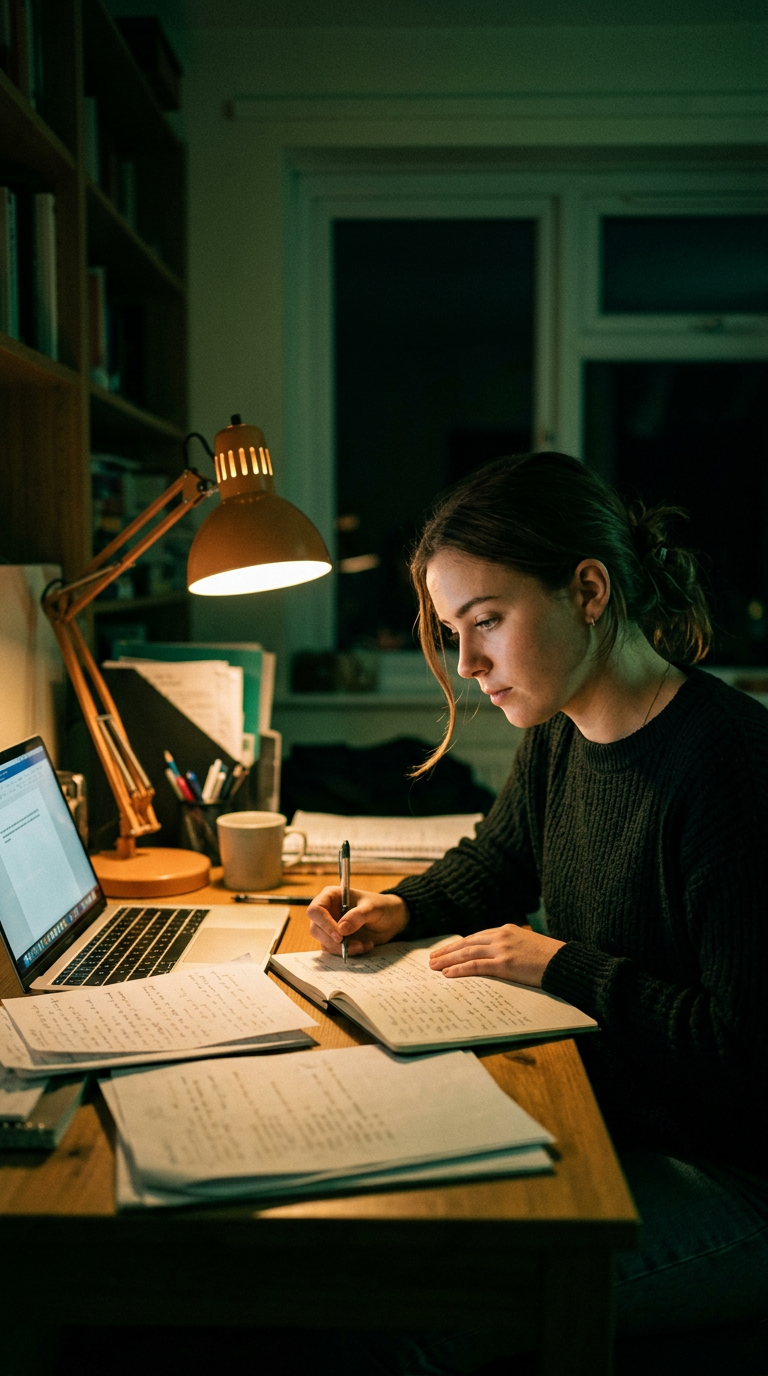 A student writing in a notebook at a desk lit by a warm lamp, laptop open beside them